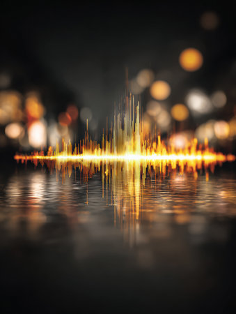 Sound waves burst into vibrant colors, reflecting on a wet surface amidst blurred city lights at night, creating a lively urban atmosphere.の素材