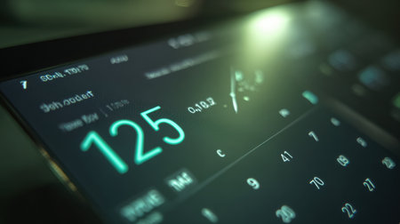 Display showcases numerical data and time in a sleek interface, illuminated softly against a dark background, suggesting a high-tech environment.の素材