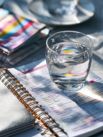 A glass filled with clear water is set on an open notebook with colorful napkins nearby, capturing sunlight and creating a serene atmosphere in a cafe.の素材