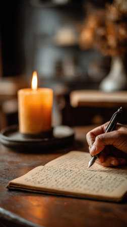 A hand writes in a notebook illuminated by a single candle, creating a warm, intimate atmosphere perfect for reflection and creativity.の素材