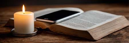 A single candle flickers beside an open book on a wooden table while a smartphone rests casually on the pages. The atmosphere feels warm and inviting.の素材