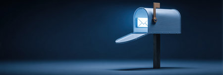 A blue mailbox stands upright with its lid open, displaying a glowing letter inside against a dark background, symbolizing the concept of communication.の素材