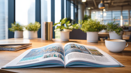 A bright workspace showcases an open magazine of the skyline, a steaming coffee cup, and potted plants on a wooden table, inviting vibes abound.の素材