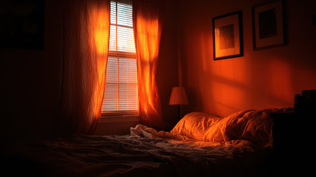 Soft evening light fills the room through curtains, casting warm hues on an unmade bed, creating a peaceful and inviting ambiance.の素材