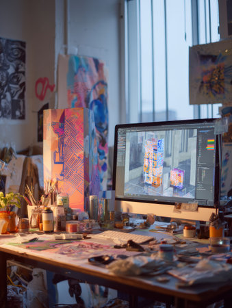 An art studio features a vibrant workspace with paintbrushes, supplies, and a computer showing colorful digital art in the evening light.の素材