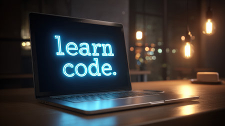 A glowing message encouraging learning to code appears on a laptop screen at night, surrounded by warm lighting and contemporary decor in a cozy workspace.の素材