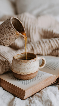 A ceramic jug pours a warm drink into a textured cup placed on an open book, with soft fabric surrounding them, creating a cozy atmosphere.の素材