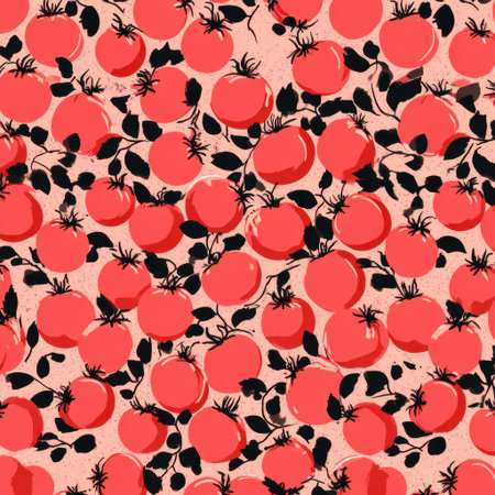 Numerous bright red tomatoes are spread across a delicate pink backdrop, creating a lively and fresh pattern filled with green leaves for contrast.の素材