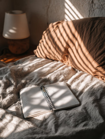 A softly lit bedroom features a cozy bed with a notebook open on the cover, sunlight casting gentle shadows through the window blinds.の素材