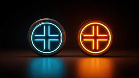 Two circular symbols featuring glowing blue and orange designs are positioned on a smooth dark surface, enhancing their vibrant colors and shapes.の素材