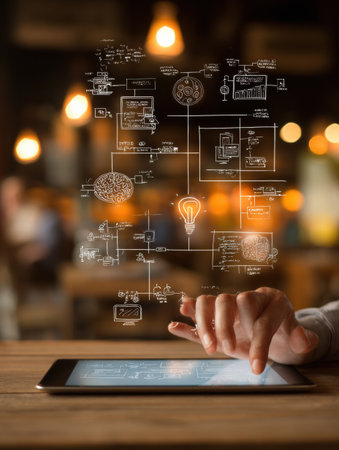 A person uses a touchscreen tablet in a warm, inviting cafe, while creative concepts and diagrams float above, showcasing a digital brainstorming activity.の素材