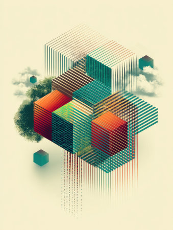 A captivating display of geometric shapes, layered cubes, stripes, and vibrant colors creates a stunning visual composition.の素材