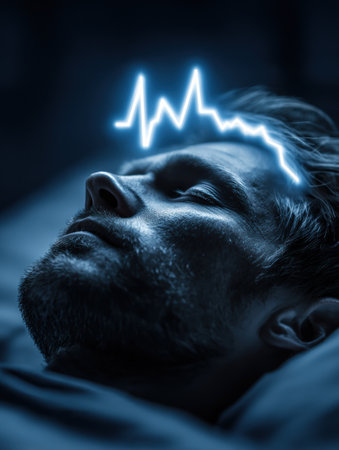 A person lies peacefully asleep on a bed with a blue heartbeat graphic illuminating above their head, creating a serene nighttime atmosphere.の素材
