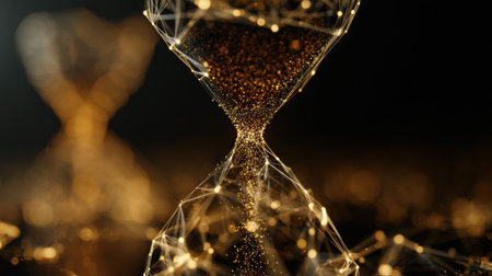 A golden hourglass sparkles as particles flow between chambers, capturing times essence in a dimly lit space.の素材