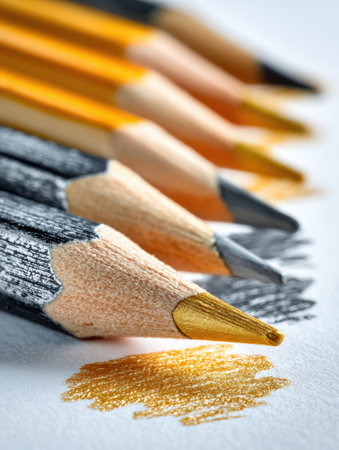 Vibrant colored pencils display a range of shades while creating artistic strokes on textured paper, highlighting creativity and craft.の素材