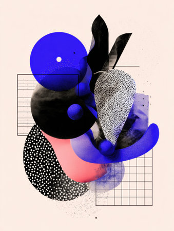 An artistic arrangement of geometric shapes in various colors and textures creates an engaging abstract design, emphasizing contrast and depth.の素材