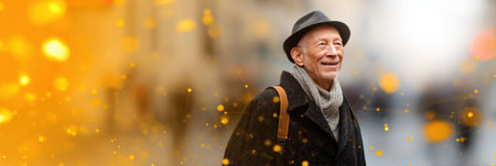 An elderly man walks happily along a busy city street surrounded by golden autumn colors, showing the joy of life and vibrant urban atmosphere.の素材