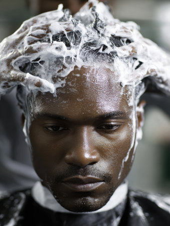 A person receives a thorough shampoo treatment at a salon, highlighting relaxation and grooming.の素材