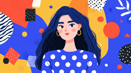 A young woman with long blue hair and a polka dot sweater stands confidently amidst a colorful abstract backdrop filled with geometric patterns and shapes.の素材