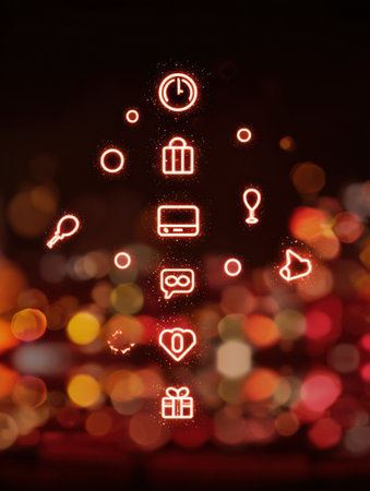 Colorful bokeh lights create a festive backdrop for digital icons symbolizing themes like time, gifts, and love arranged in a tree pattern.の素材