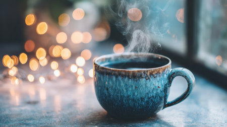 A blue ceramic cup filled with hot coffee releases steam, placed on a table by a window adorned with warm, glowing lights creating a cozy ambiance.の素材