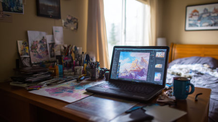 A laptop displays vibrant artwork while drawing supplies and sketches clutter a wooden table in a sunlit bedroom, creating a cozy artistic atmosphere.の素材