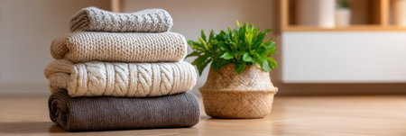 Soft, textured blankets are folded and stacked in a stylish living space, accompanied by a potted green plant adding warmth and life to the decor.の素材