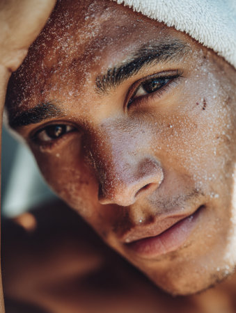 A young man relaxes with a towel draped on his head, his skin adorned with droplets of water, capturing the essence of a sunny day by the shore.の素材