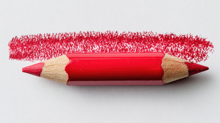 A bright red coloring pencil lies atop a bold red mark made on a white surface, illustrating color blending and artistic expression with simple tools.の素材