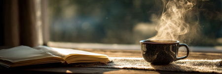 Steam rises from a cup of coffee resting beside an open book on a sunny windowsill, creating a cozy atmosphere perfect for a peaceful morning.の素材