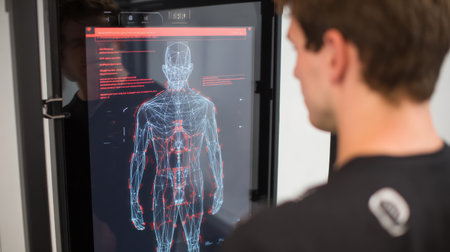 Individual interacts with a high-tech body scanning system that visualizes anatomy, showcasing muscle structure and fitness metrics in a training center.の素材