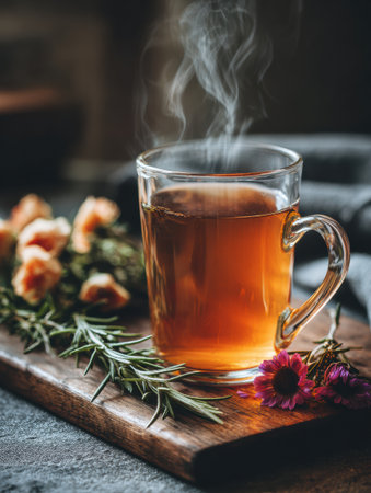 A steaming cup of herbal tea is placed on a rustic wooden board, accompanied by fresh flowers and herbs, creating a cozy atmosphere.の素材