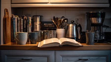 Open book rests on a wooden countertop surrounded by coffee mugs, an espresso machine, and kitchen utensils, creating a welcoming morning vibe.の素材