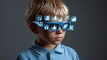 Boy with blonde hair is focused while wearing blue augmented reality glasses, with various digital icons displayed, highlighting technological innovation.の素材