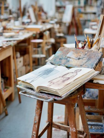 An inviting art studio is filled with wooden tables and shelves stocked with supplies. An open sketchbook shows a figure drawing, inspiring creativity.の素材