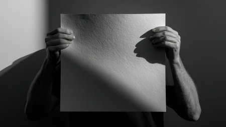 Two hands grasp a blank sheet of paper, displayed against a stark black and white background that creates intriguing shadows and depth.の素材