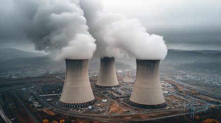 Cooling towers release thick clouds of steam while surrounding hills create a dramatic backdrop on an overcast afternoon in a power generation facility.の素材