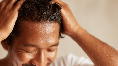A man is smiling while washing his hair, noticeable droplets of water on his face, highlighting a moment of tranquility and personal care.の素材