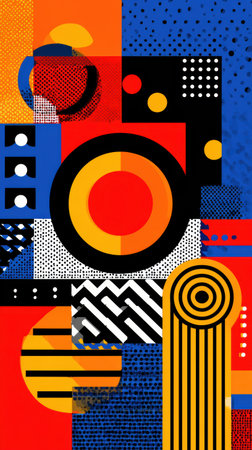 Bold colors and geometric shapes create a dynamic composition of abstract patterns, highlighting design and creativity in a captivating visual experience.の素材