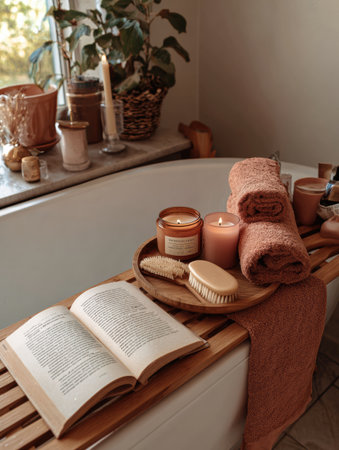 Warm candles glow in a serene bathroom as a book lies open beside soft towels on a wooden bath tray, perfect for a relaxing moment.の素材