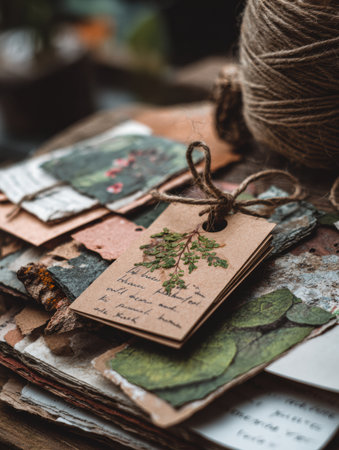 An assortment of hand-painted botanical tags and various textured papers arranged on a wooden surface, surrounded by artistic tools and soft daylight.の素材