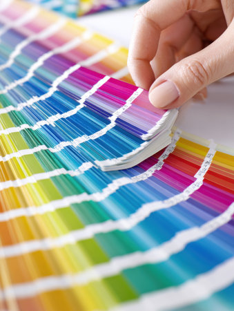 A hand selects vibrant color swatches from an arranged palette in a bright studio, ideal for design projects and creative inspiration during the daytime.の素材