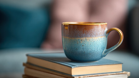 A ceramic cup features a stunning gradient glaze and sits on a stack of light-colored books, creating a warm atmosphere in the cozy living room.の素材
