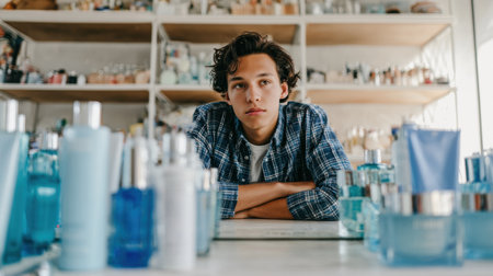 A young man casually rests his arms on the table while surrounded by a variety of skincare and fragrance bottles in a well-lit, modern environment.の素材