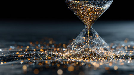 Golden particles cascade through a digital hourglass, illuminating a dark background.の素材
