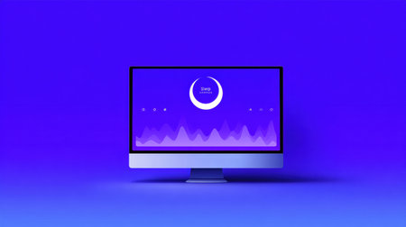 A wellness app designed for sleep is showcased on a sleek computer screen, featuring serene purple hues and visual sound waves promoting relaxation techniques.の素材