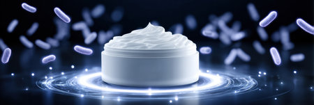 A skincare cream sits atop a glowing surface while microscopic particles float gently around it, showcasing a modern beauty concept in a dark setting.の素材