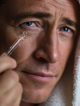A man is carefully applying serum beneath his eyes, wrapped in a towel, highlighting a moment of self-care and skincare routine at home during the evening.の素材