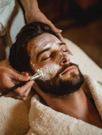 A man enjoys a calming facial treatment at a wellness spa, surrounded by a serene atmosphere as a professional applies a soothing mask.の素材