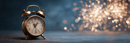 A vintage alarm clock displays the time as sparkles light up the background, creating a festive atmosphere ideal for celebration or New Years festivities.の素材